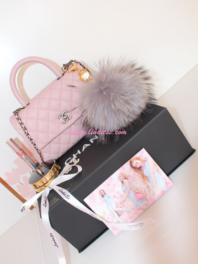 Fendi Pink/Black Fox Mink Fur Flower Bag Charm
